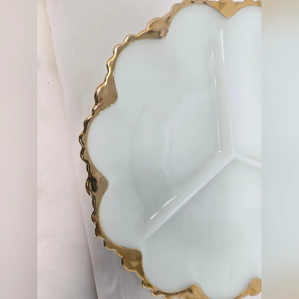 Anchor Hocking Fire-King Milk Glass-Gold Relish Cheese Cracker Dish 3 Sections
